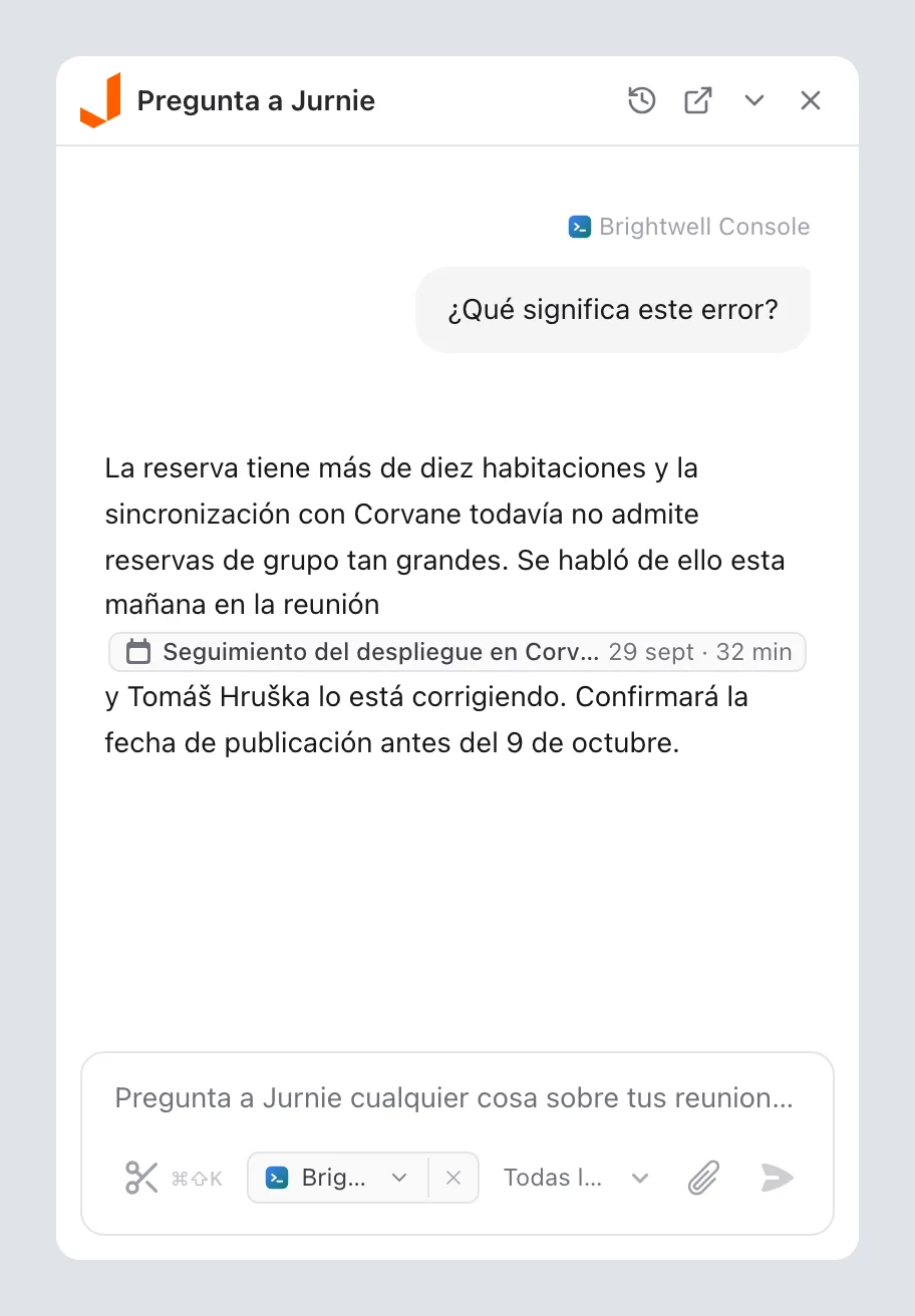 El panel de Pregunta a Jurnie, con la aplicación que estabas usando como etiqueta en la parte inferior del cuadro de mensaje