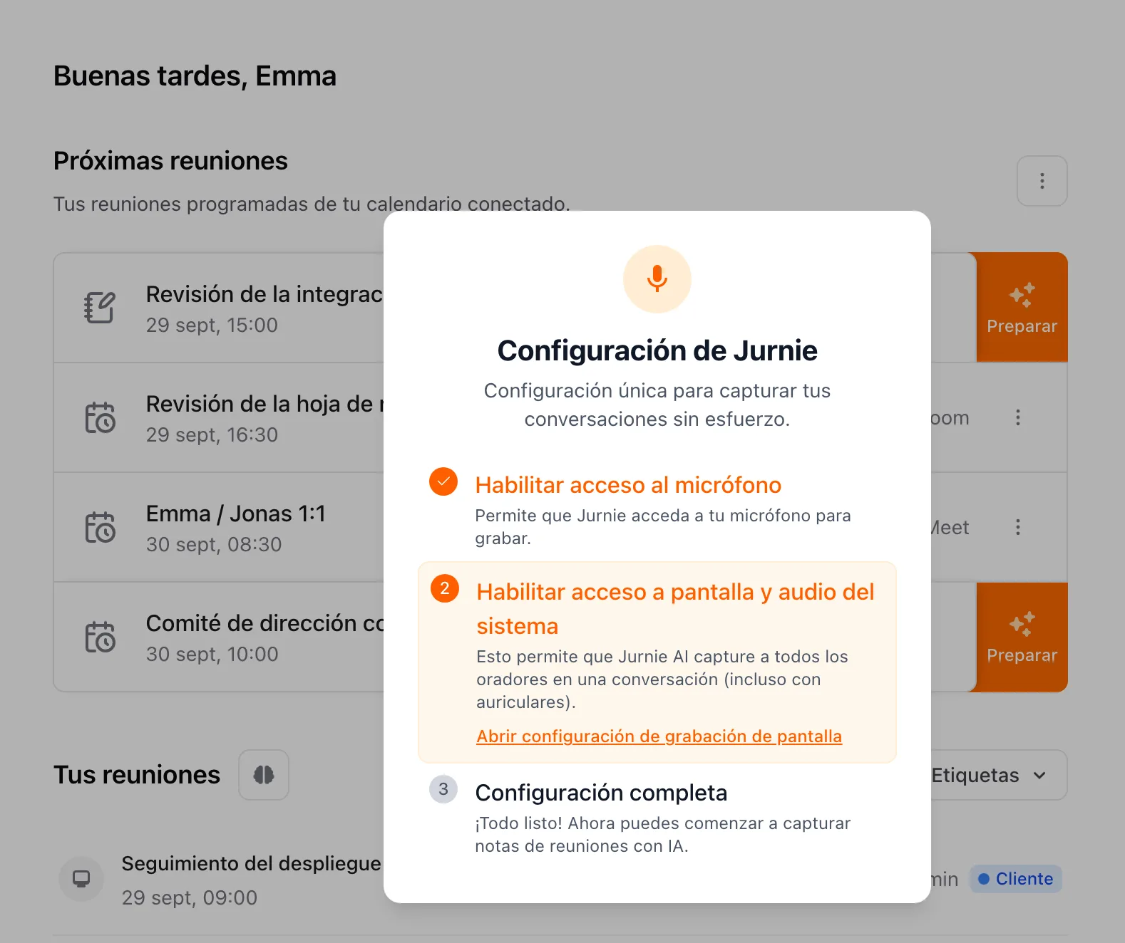 La guía Configuración de Jurnie con el acceso al micrófono ya concedido y el acceso a pantalla y audio del sistema como paso actual