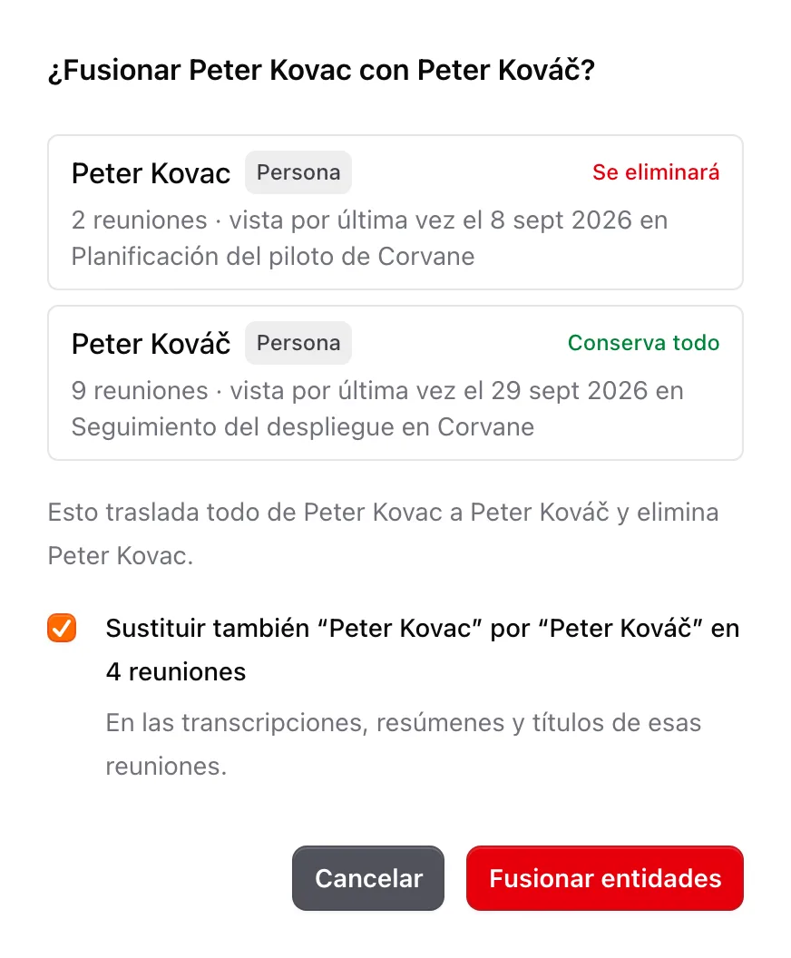 El cuadro de fusión, que muestra qué entrada se elimina y cuál lo conserva todo