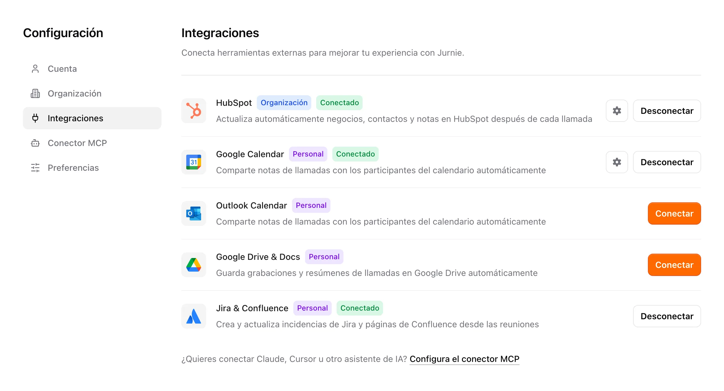 La configuración de Integraciones, con cada herramienta marcada como Organización o Personal y su botón Conectar o Desconectar