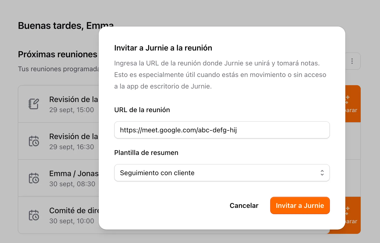La ventana Invitar a Jurnie a la reunión con un enlace de Google Meet y una plantilla de resumen