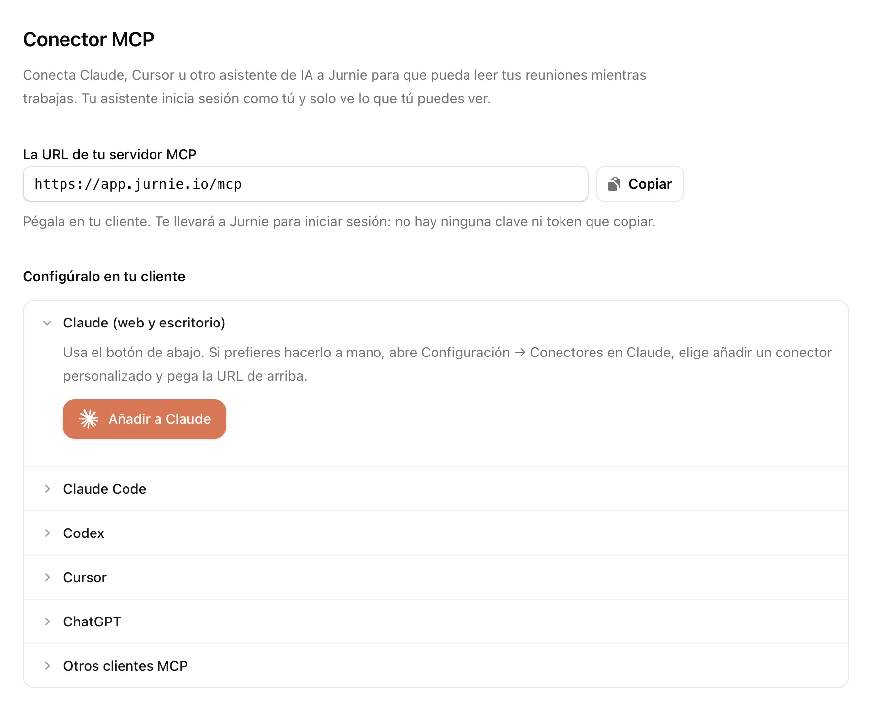 La configuración del conector MCP con la URL del servidor, el botón Añadir a Claude y los pasos de configuración de cada cliente