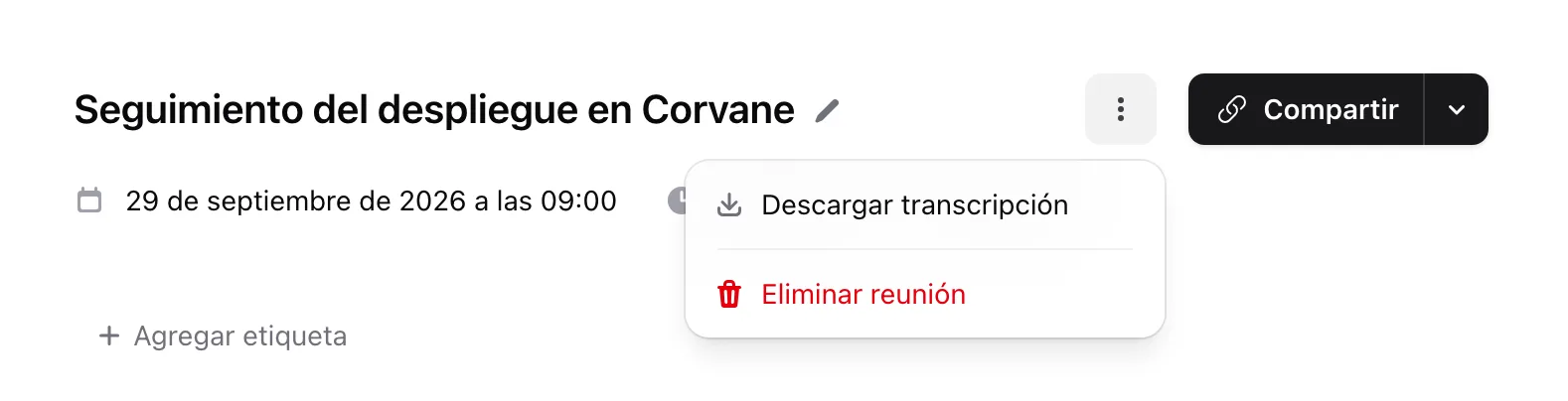 El menú Más opciones de una reunión, con Descargar transcripción y Eliminar reunión
