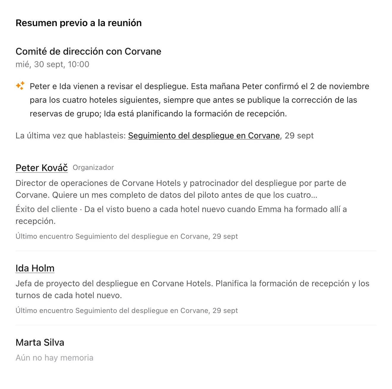 Un resumen previo a la reunión con un breve párrafo de resumen y una sección para cada persona invitada