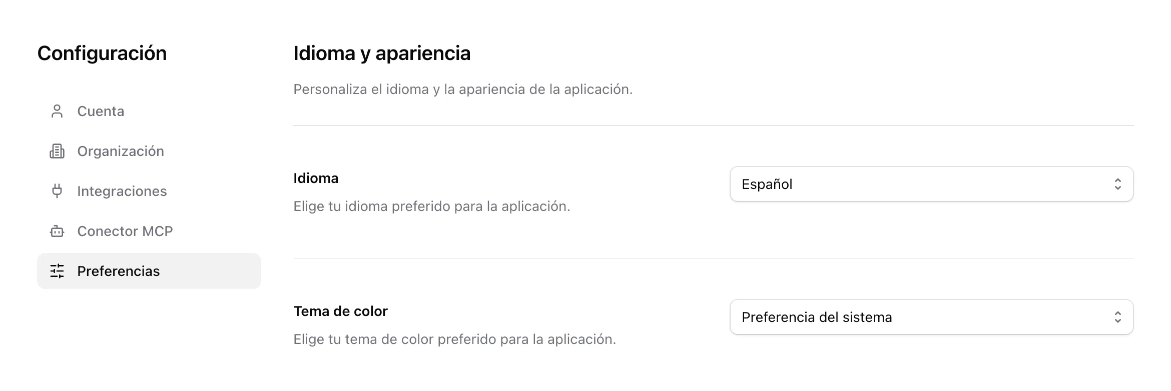 La pestaña Preferencias de Configuración, con los ajustes Idioma y Tema de color