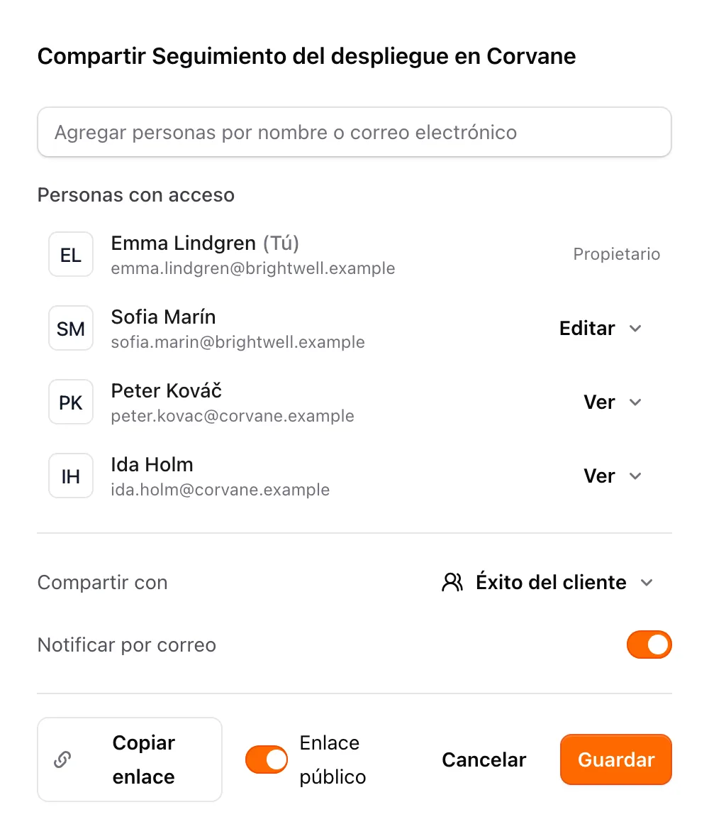 El cuadro para compartir con las personas que tienen acceso, el menú Compartir con y el interruptor Enlace público