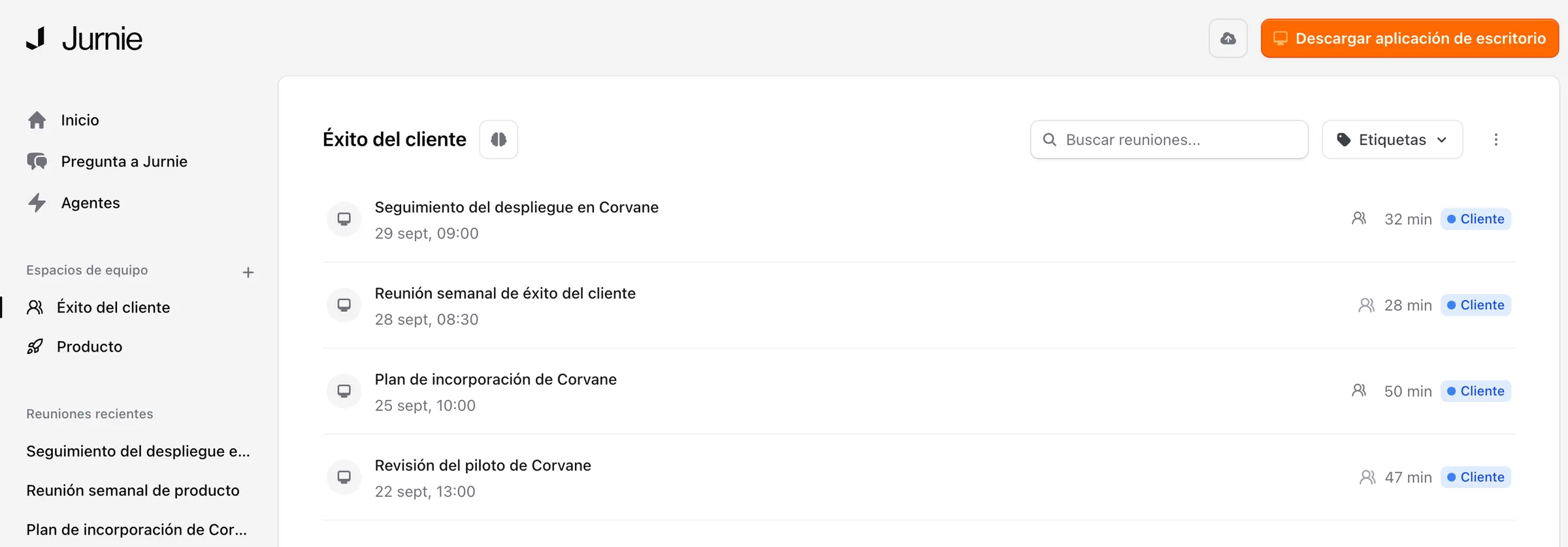 La página de un espacio de equipo con la lista de reuniones compartidas con él y la sección Espacios de equipo en la barra lateral