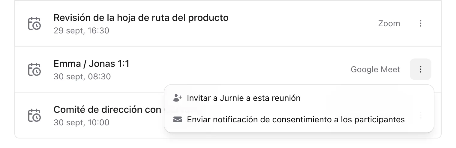 El menú Opciones de reunión de una próxima reunión, con Invitar a Jurnie a esta reunión y Enviar notificación de consentimiento a los participantes