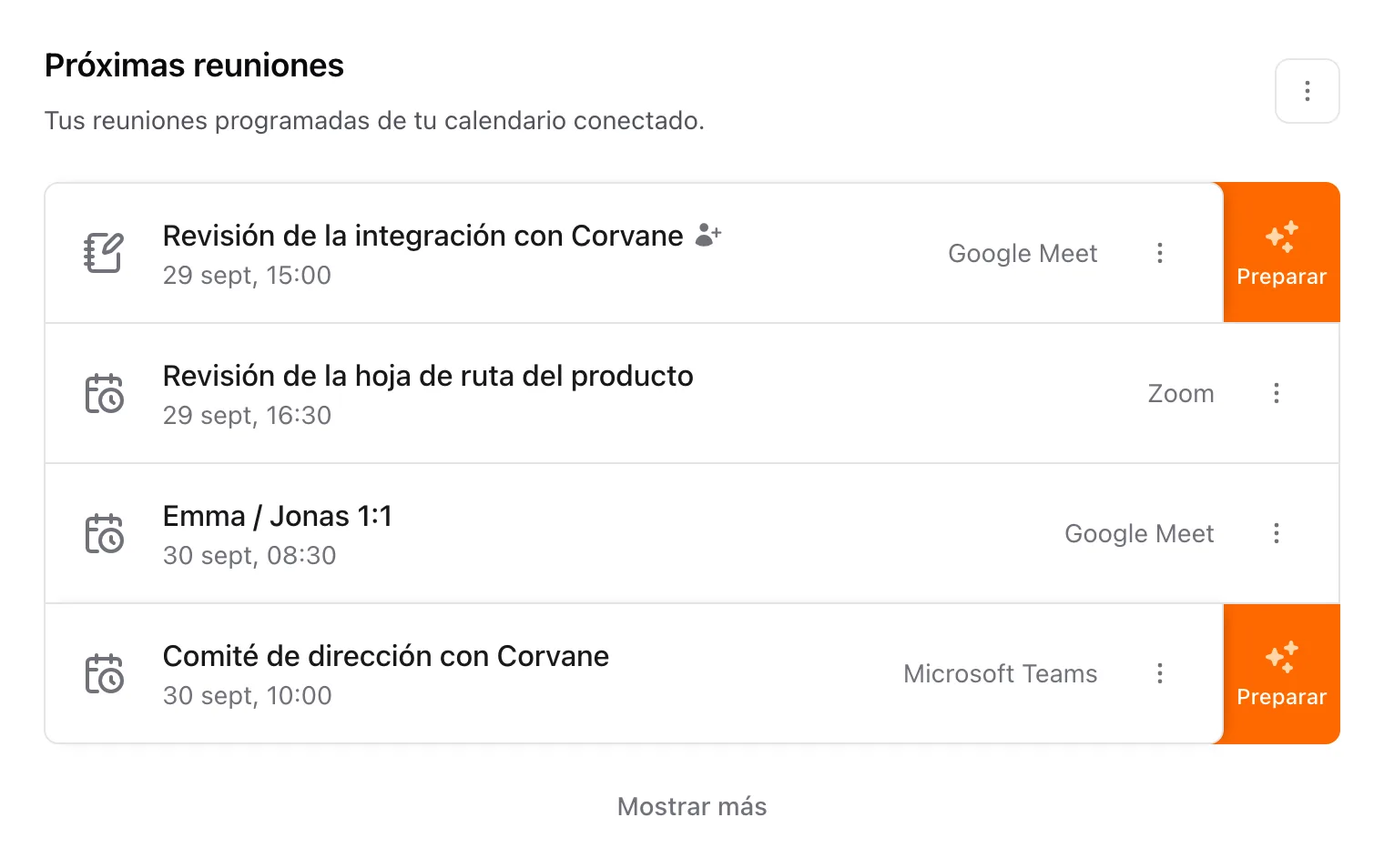 Próximas reuniones en Inicio, cada una con su hora, su aplicación de reuniones y un menú Opciones de reunión