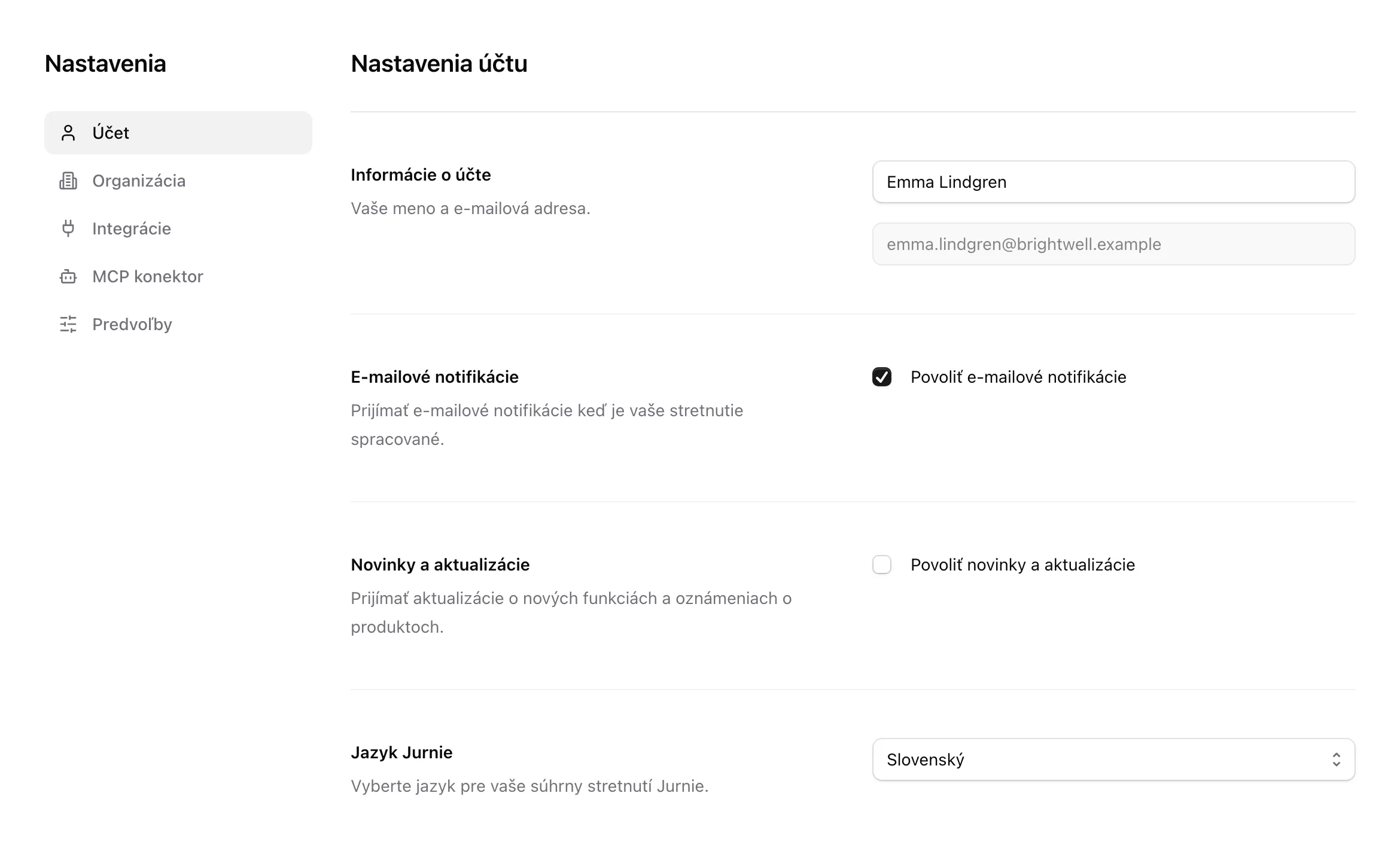 Karta Účet v Nastaveniach s informáciami o účte, e-mailovými prepínačmi, nastavením Jazyk Jurnie a predvolenou šablónou súhrnu