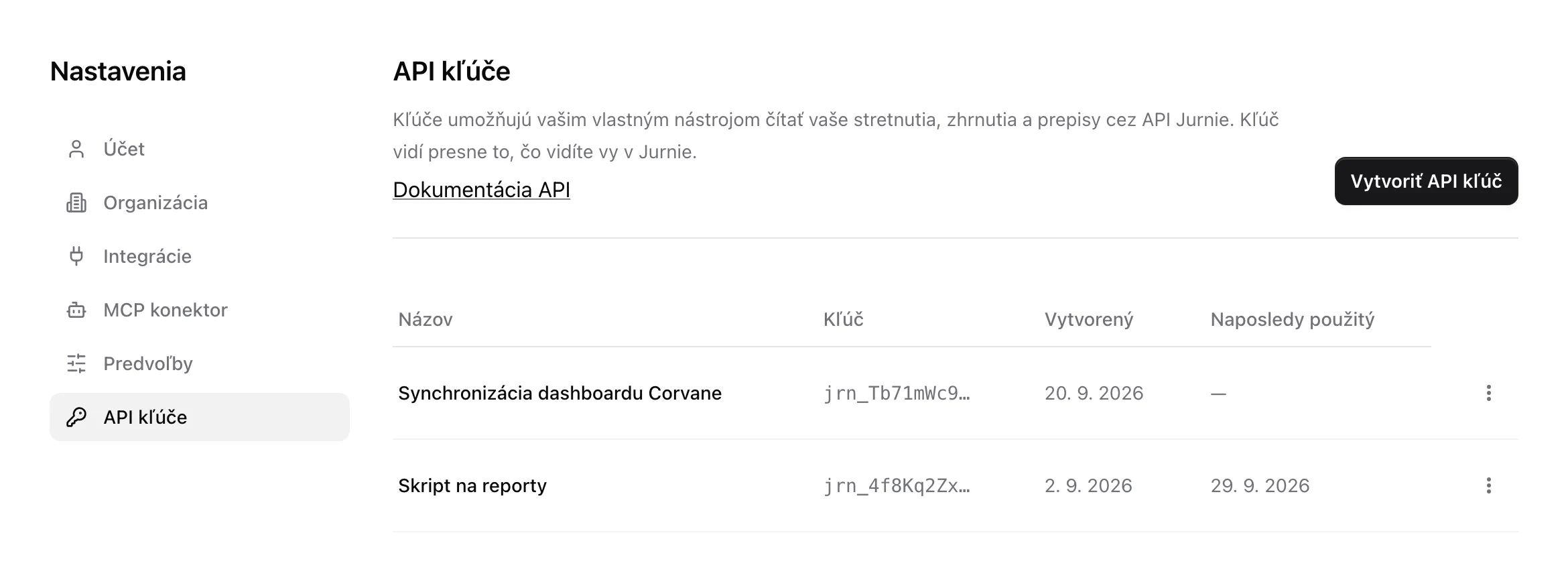 Nastavenia API kľúčov s dvoma kľúčmi, časom ich vytvorenia a posledného použitia a odkazom na dokumentáciu API