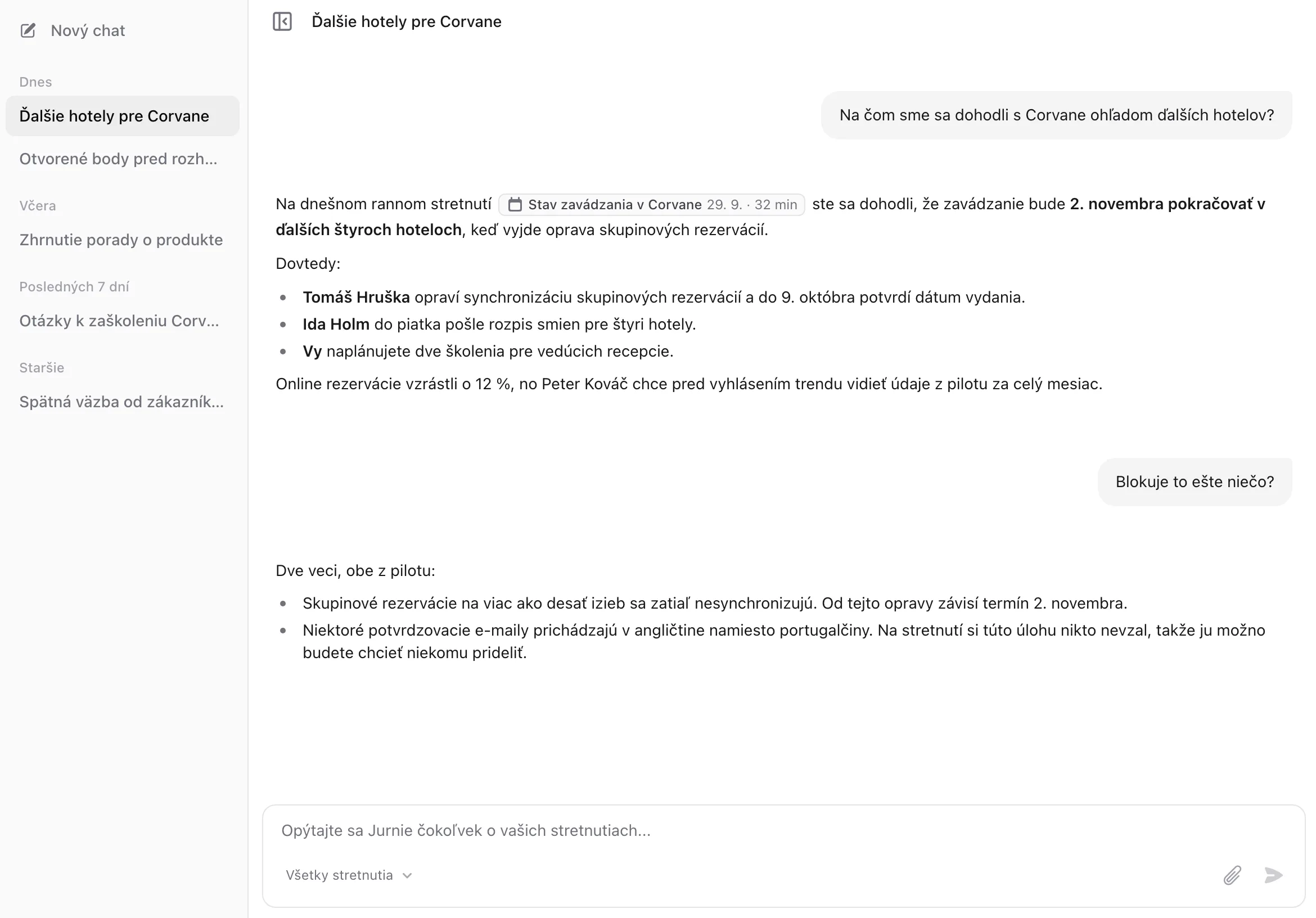 Chat v Opýtať sa Jurnie s odpoveďou, ktorá odkazuje na stretnutie, z ktorého pochádza