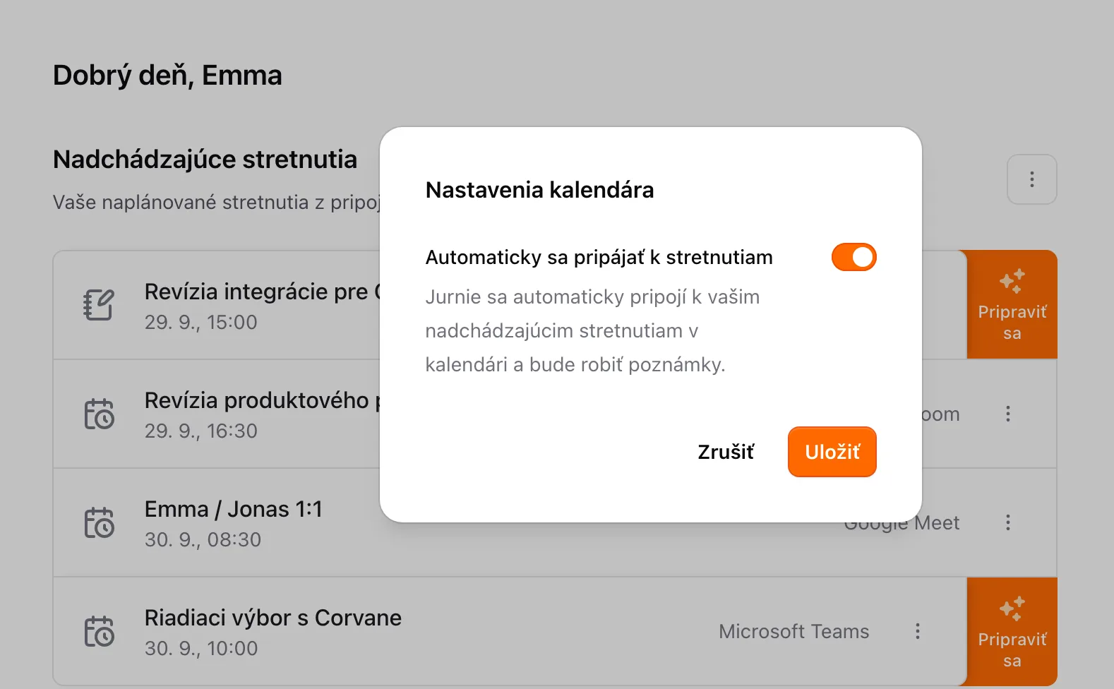 Dialóg Nastavenia kalendára so zapnutou možnosťou Automaticky sa pripájať k stretnutiam