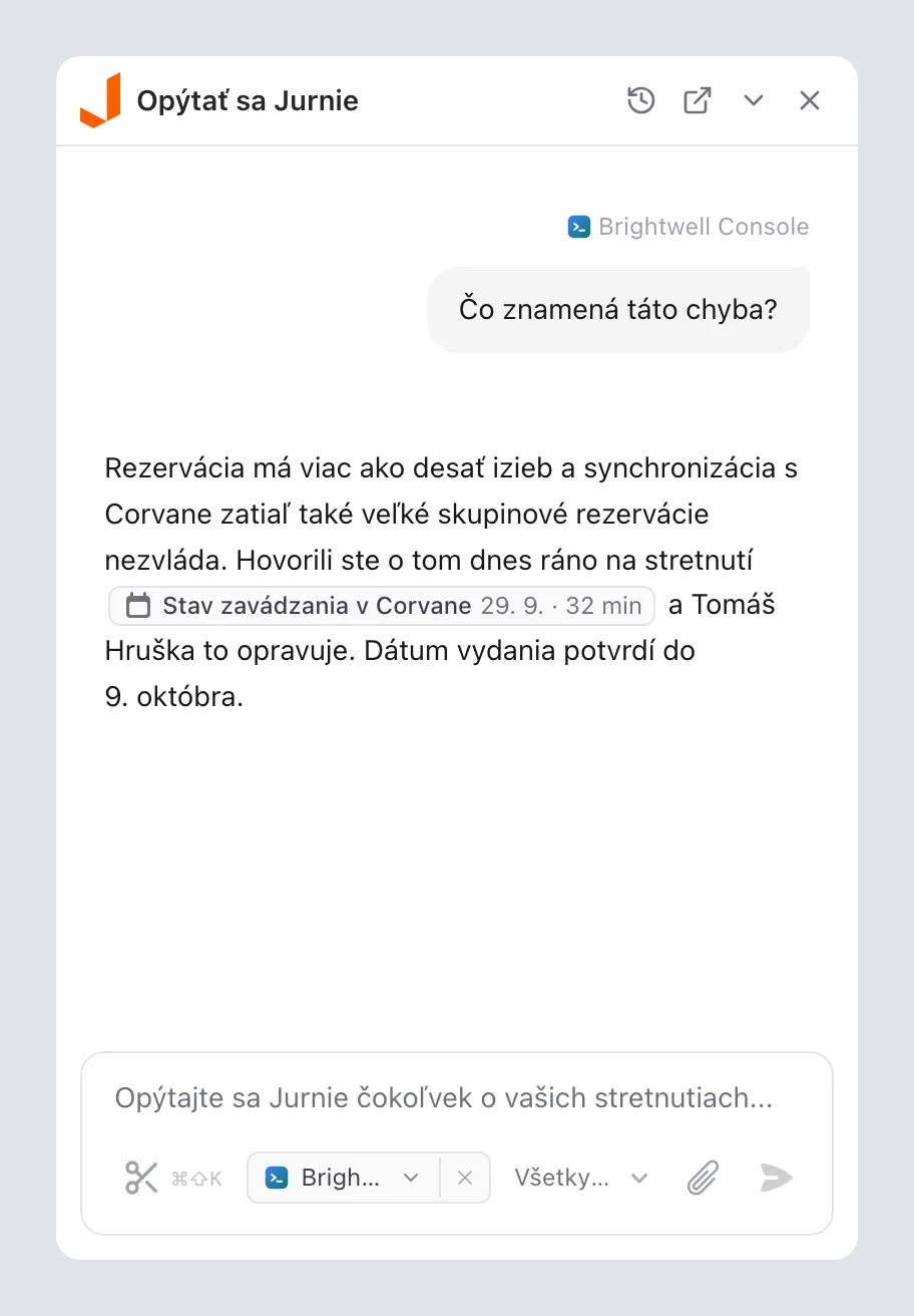 Panel Opýtať sa Jurnie s aplikáciou, ktorú ste používali, ako čipom v dolnej časti poľa na správu