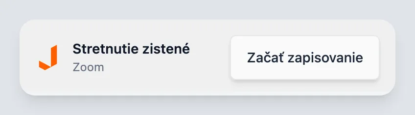 Notifikácia Stretnutie zistené pre hovor v Zoome s tlačidlom Začať zapisovanie