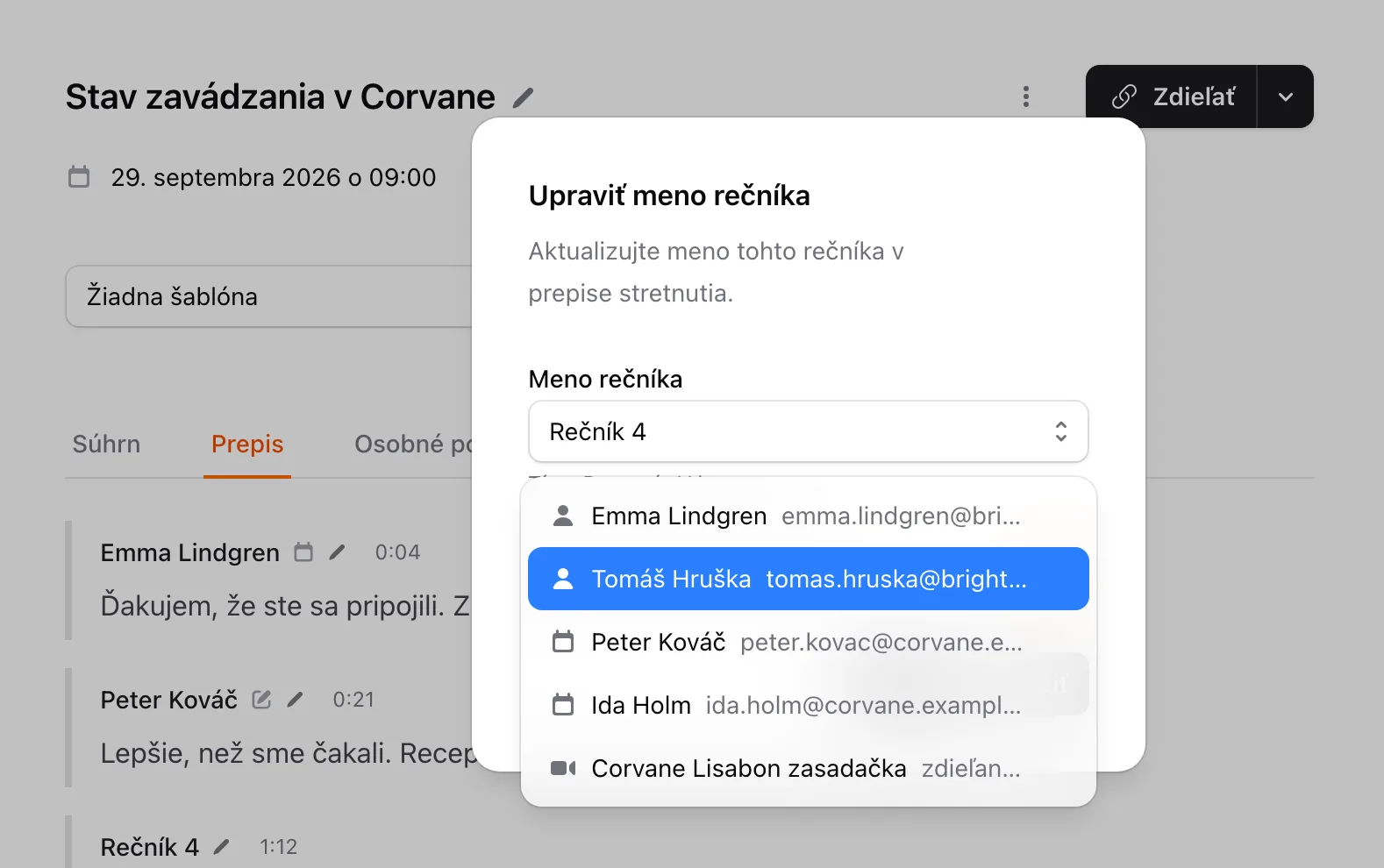 Okno Upraviť meno rečníka s návrhmi členov tímu, pozvaných a účastníkov hovoru