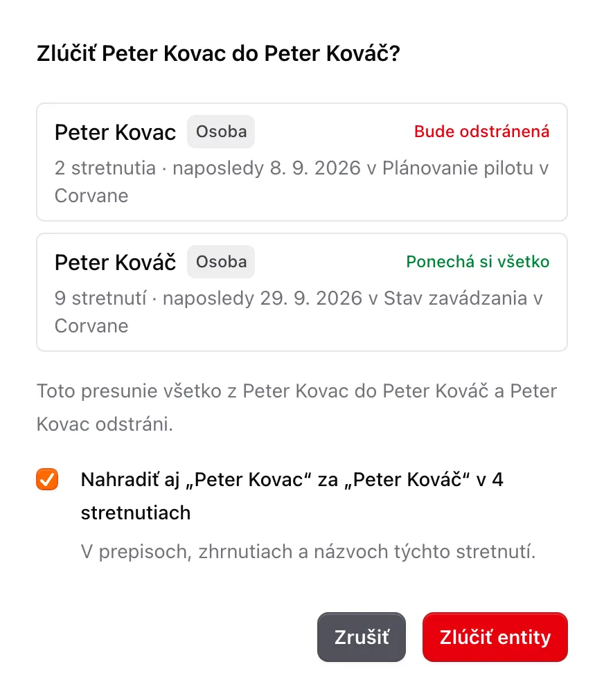 Okno zlúčenia, ktoré ukazuje, ktorý záznam sa odstráni a ktorý si ponechá všetko