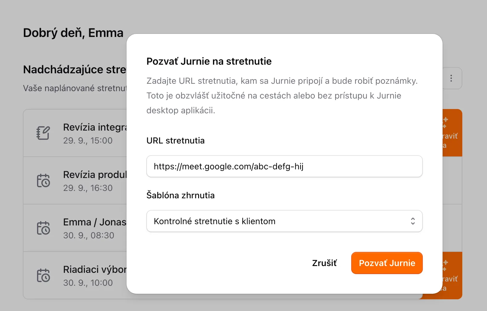 Okno Pozvať Jurnie na stretnutie s odkazom na Google Meet a šablónou súhrnu