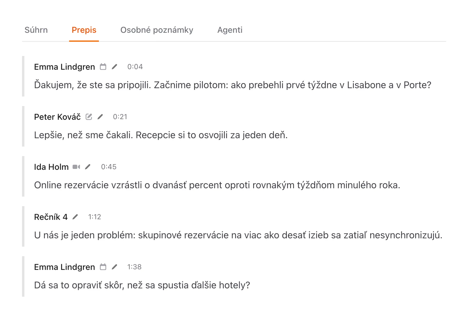 Karta Prepis s menami rečníkov, časovými značkami a úsekmi
