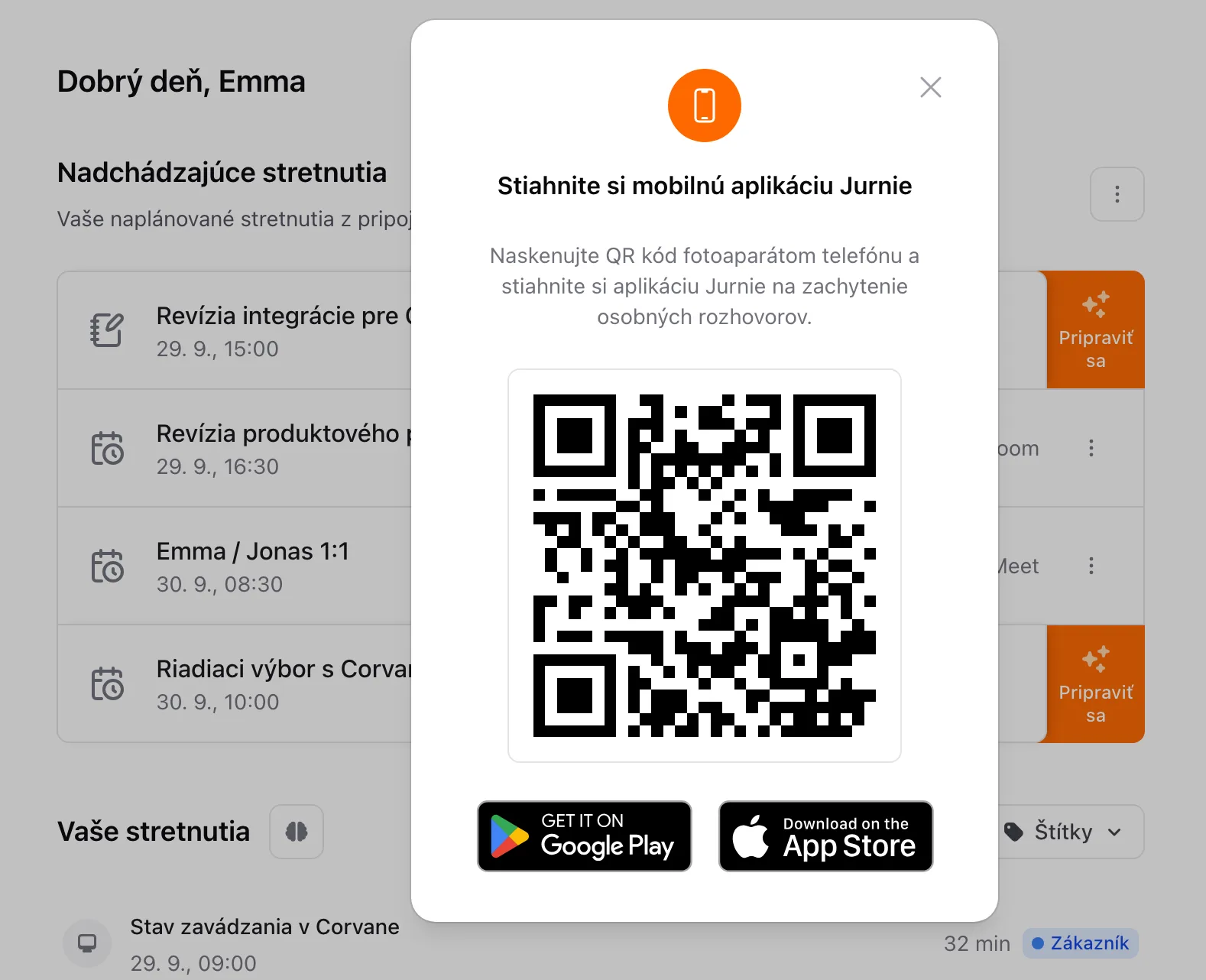Dialógové okno Stiahnite si mobilnú aplikáciu Jurnie s QR kódom a odkazmi do obchodov s aplikáciami