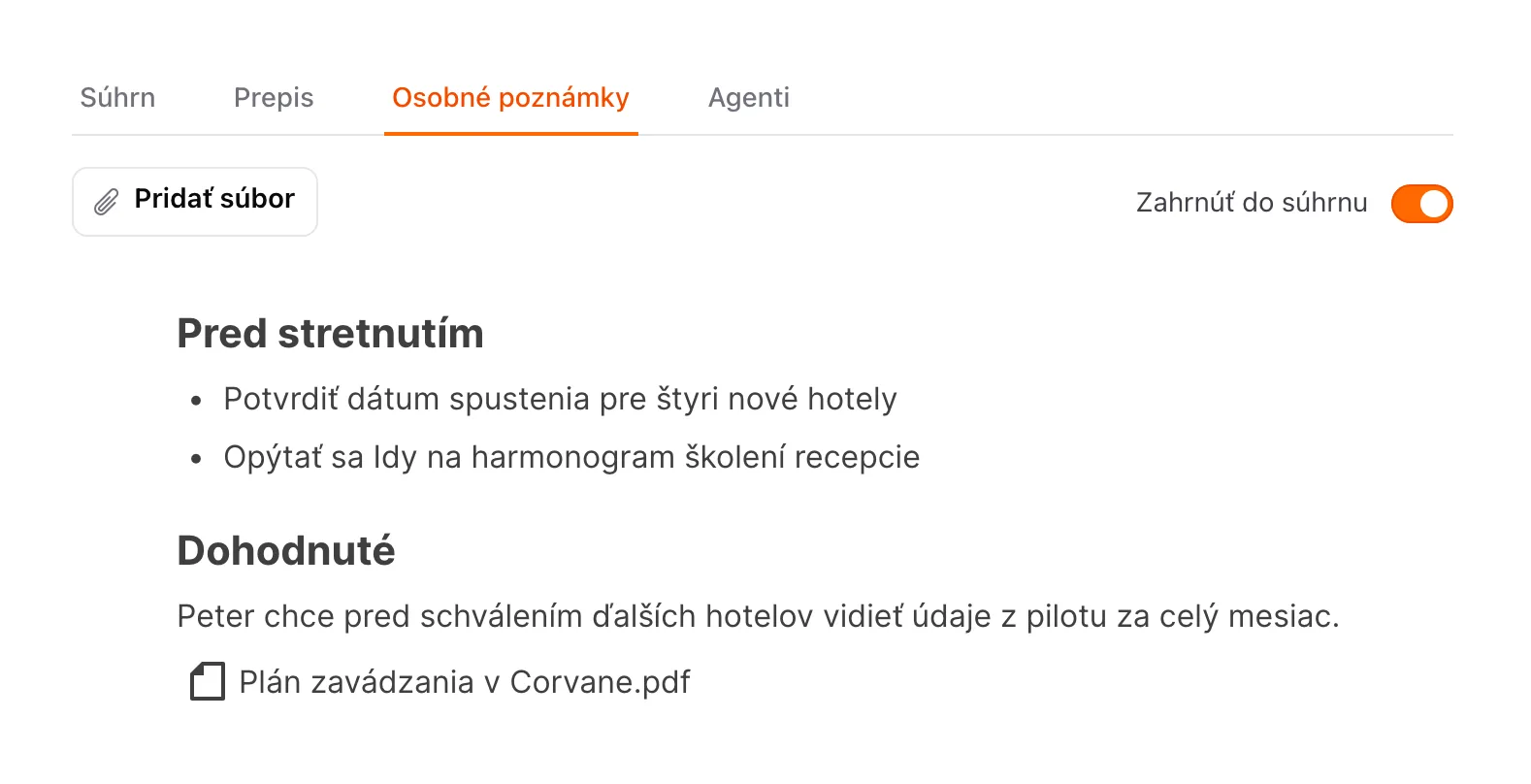 Osobné poznámky k stretnutiu s nadpismi, zoznamom, priloženým PDF a prepínačom Zahrnúť do súhrnu