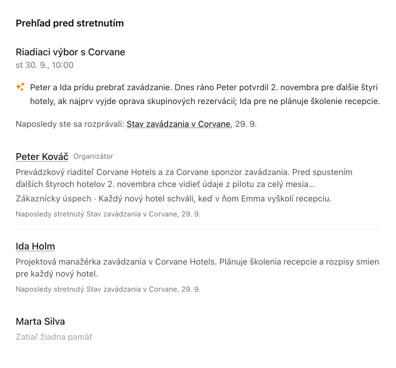 Prehľad pred stretnutím s krátkym súhrnným odsekom a časťou pre každého pozvaného