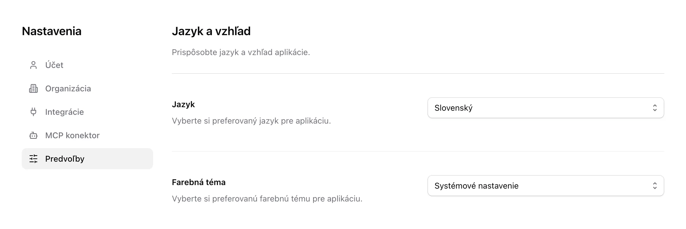 Karta Predvoľby v Nastaveniach s nastaveniami Jazyk a Farebná téma