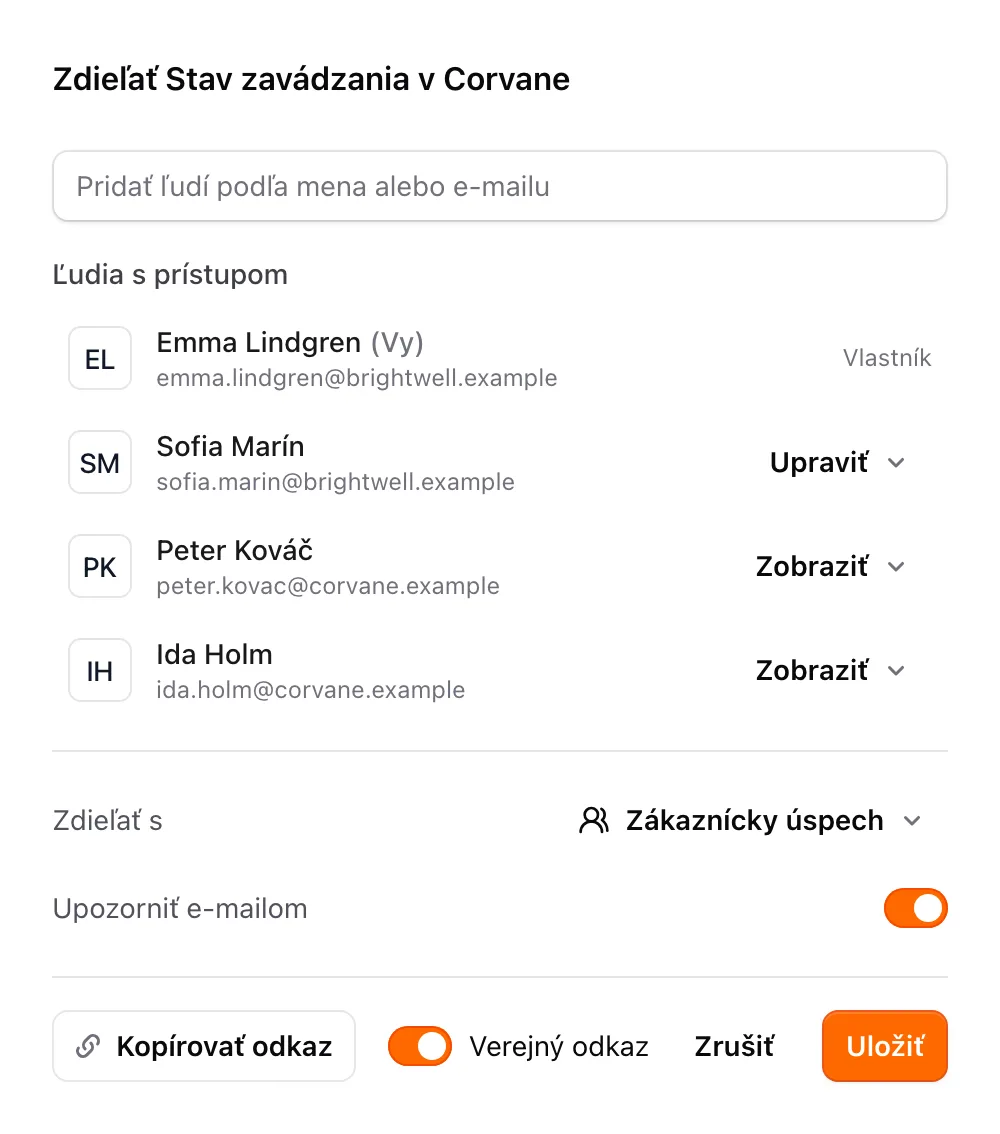 Dialógové okno zdieľania s ľuďmi, ktorí majú prístup, ponukou Zdieľať s a prepínačom Verejný odkaz