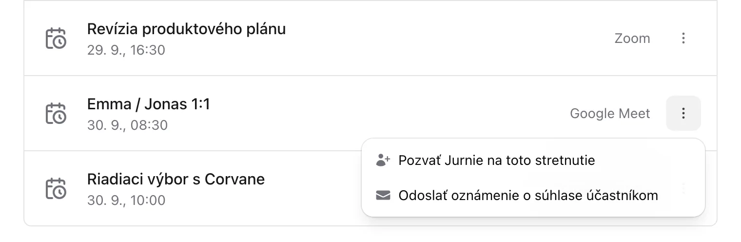 Ponuka Možnosti stretnutia pri nadchádzajúcom stretnutí s položkami Pozvať Jurnie na toto stretnutie a Odoslať oznámenie o súhlase účastníkom