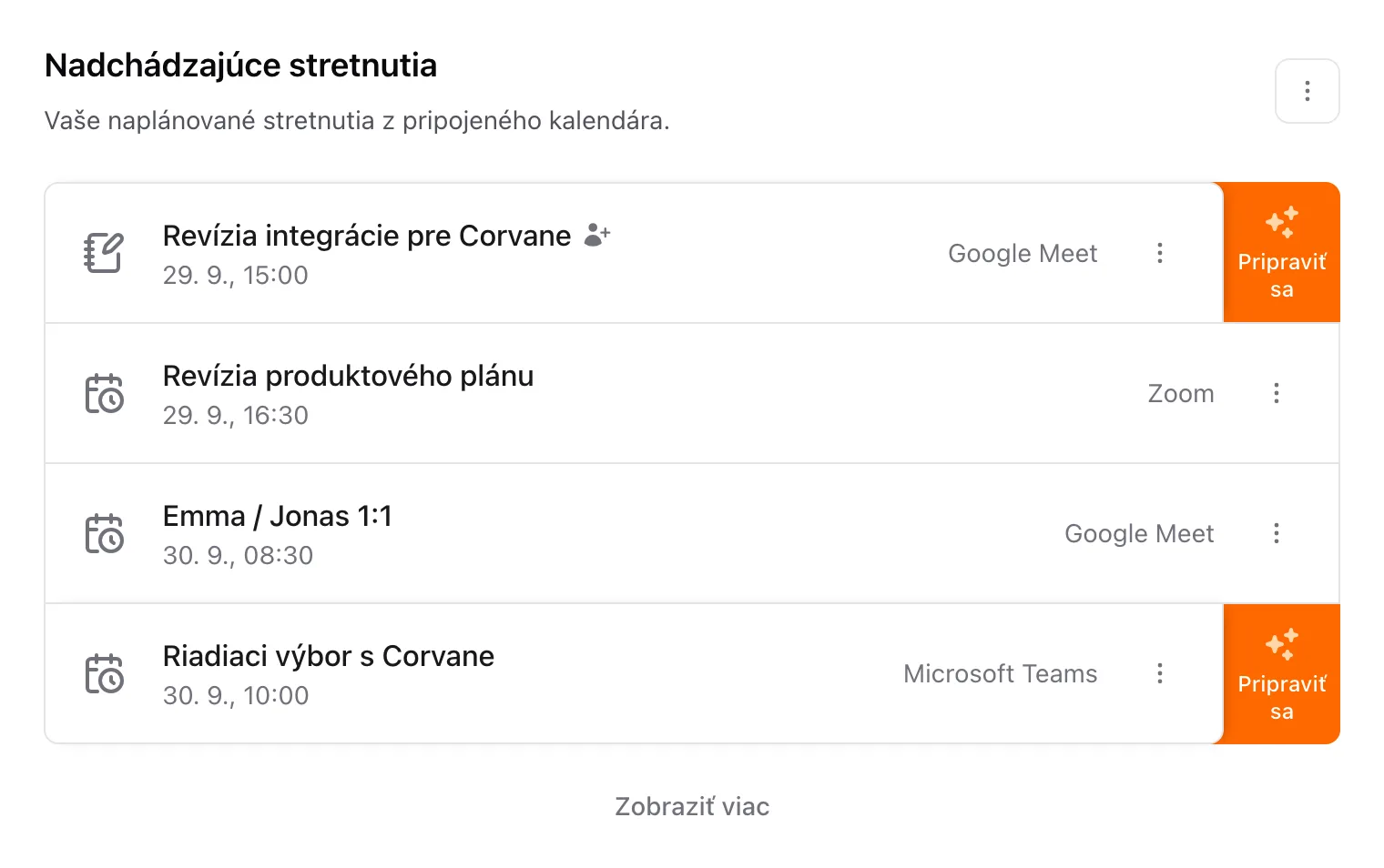 Nadchádzajúce stretnutia na stránke Domov, každé s časom, aplikáciou na stretnutia a ponukou Možnosti stretnutia