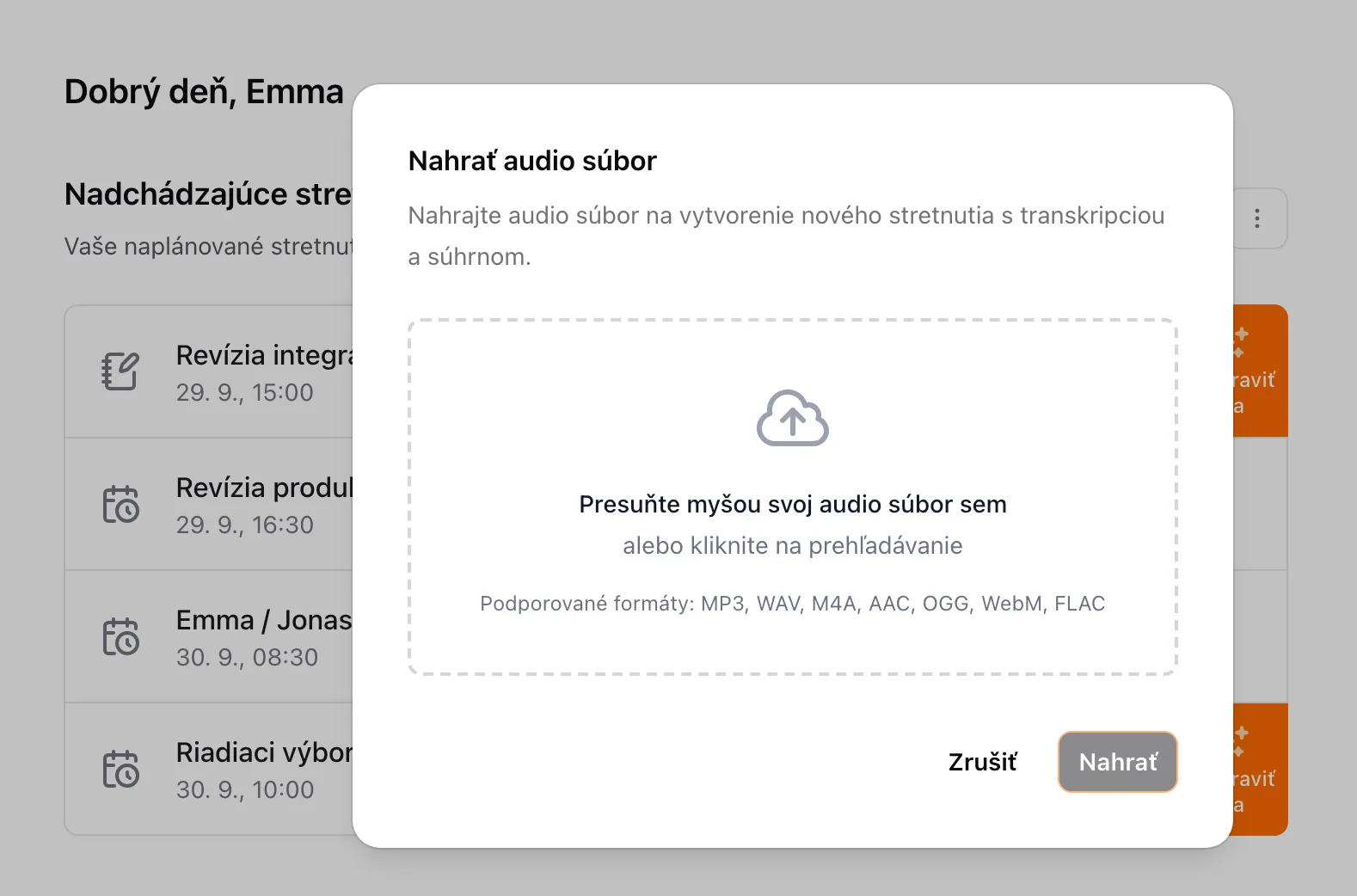 Okno Nahrať audio súbor, do ktorého pretiahnete zvukový súbor alebo kliknutím vyberiete súbor
