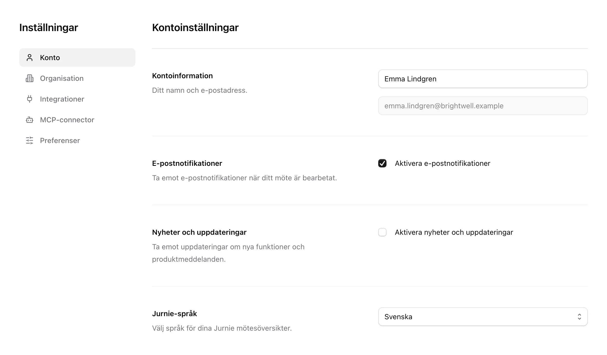 Fliken Konto i Inställningar, med kontoinformation, e-postreglage, Jurnie-språk och standardmallen för sammanfattningar