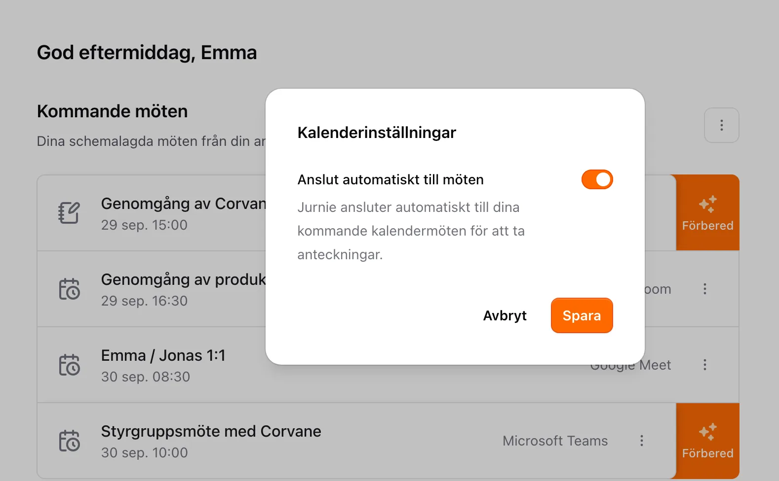 Dialogrutan Kalenderinställningar med Anslut automatiskt till möten påslaget