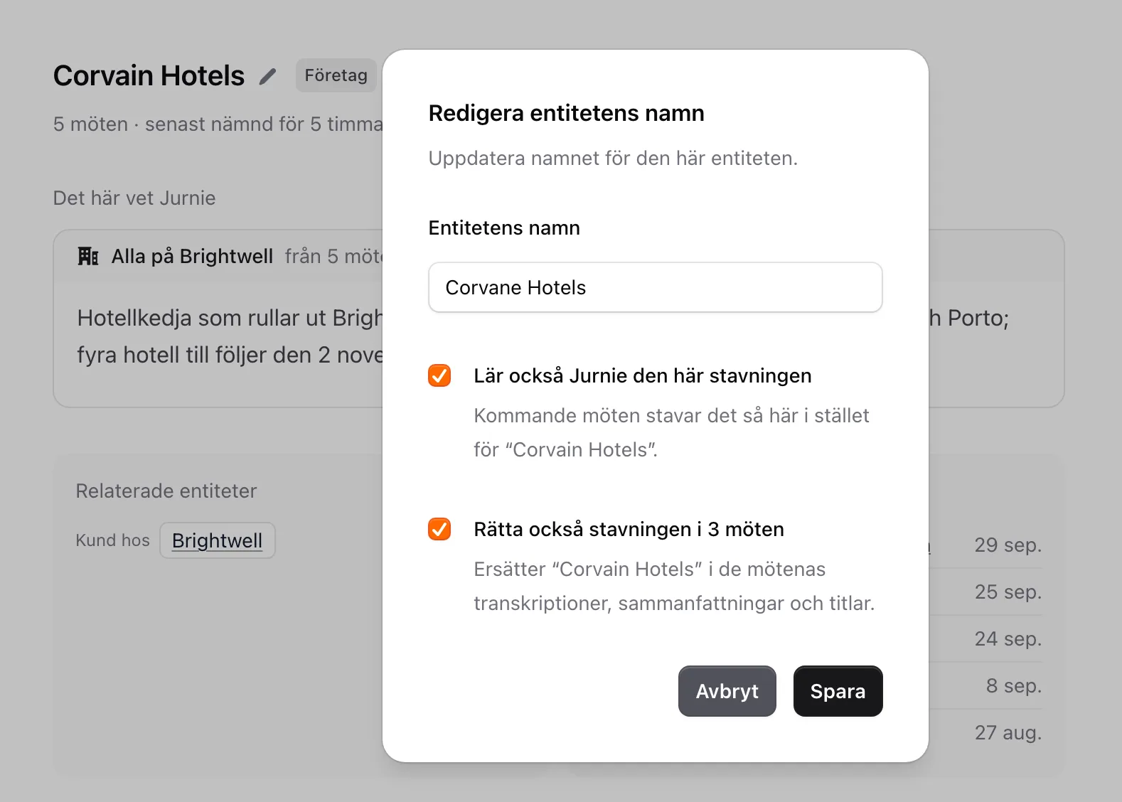 Dialogrutan Redigera namn med de två stavningsalternativen