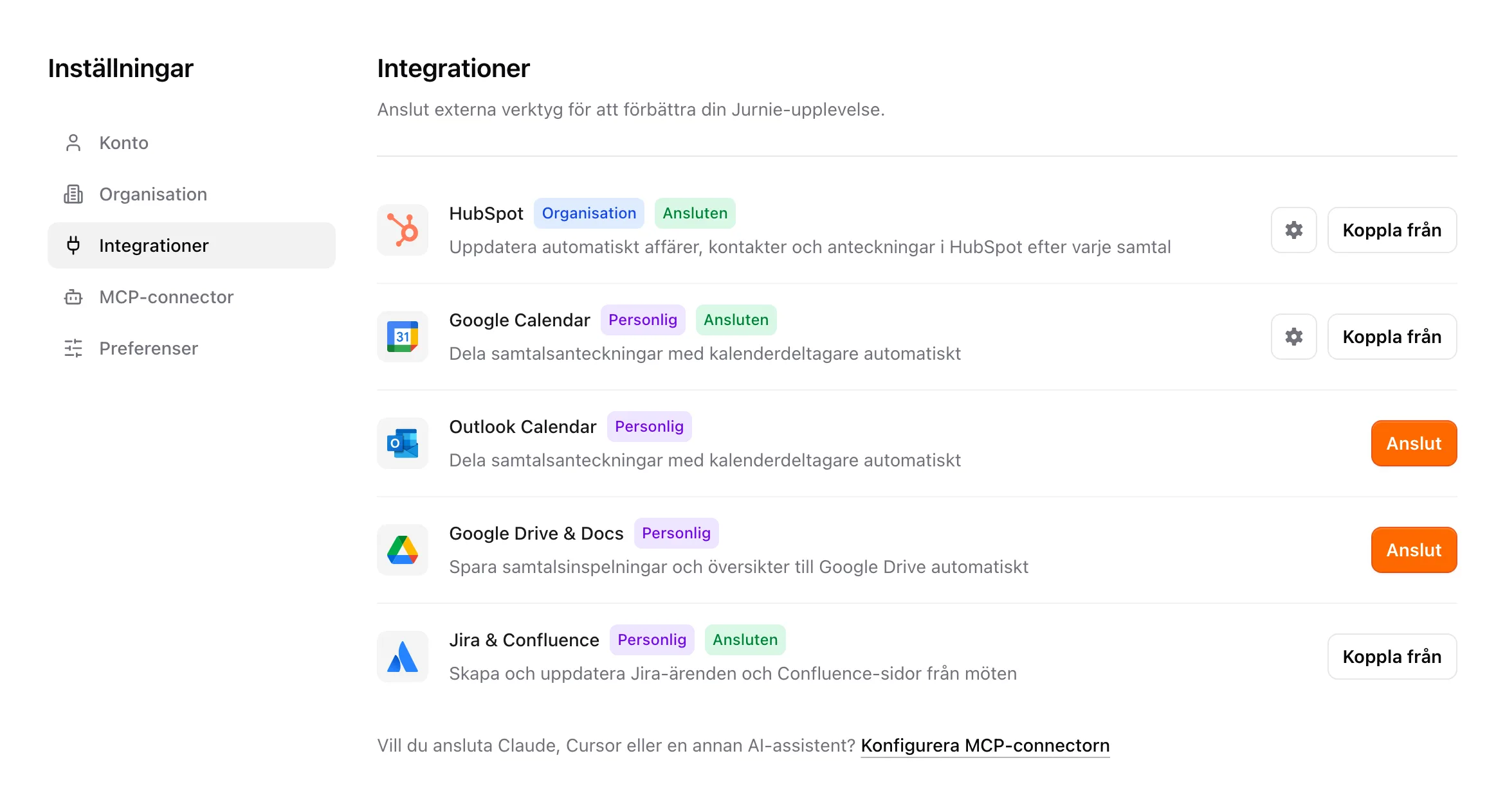 Inställningarna för Integrationer, där varje verktyg är märkt Organisation eller Personlig och har knappen Anslut eller Koppla från