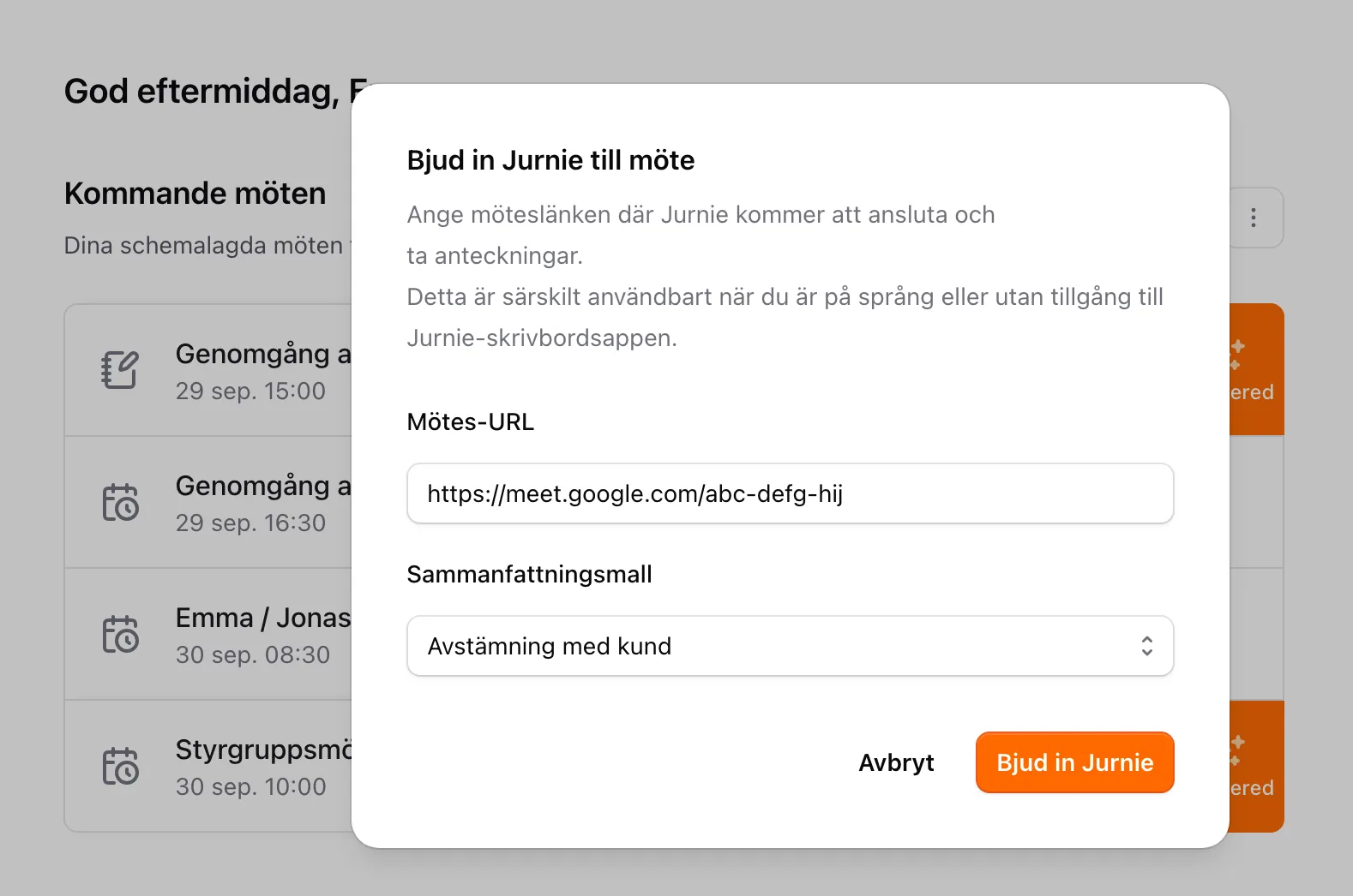 Fönstret Bjud in Jurnie till möte med en Google Meet-länk och en sammanfattningsmall