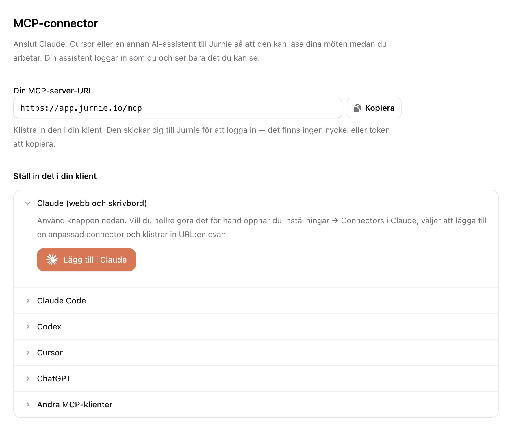 Inställningarna för MCP-connector med serverns URL, knappen Lägg till i Claude och instruktioner för varje klient