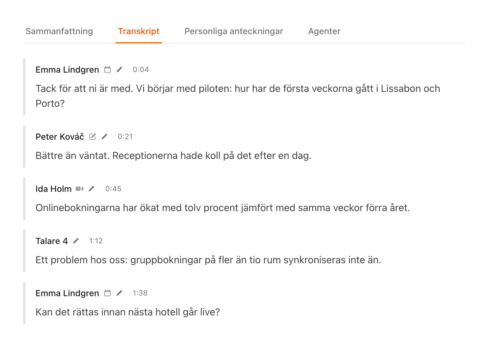 Fliken Transkript, med talarnamn, tidsstämplar och stycken