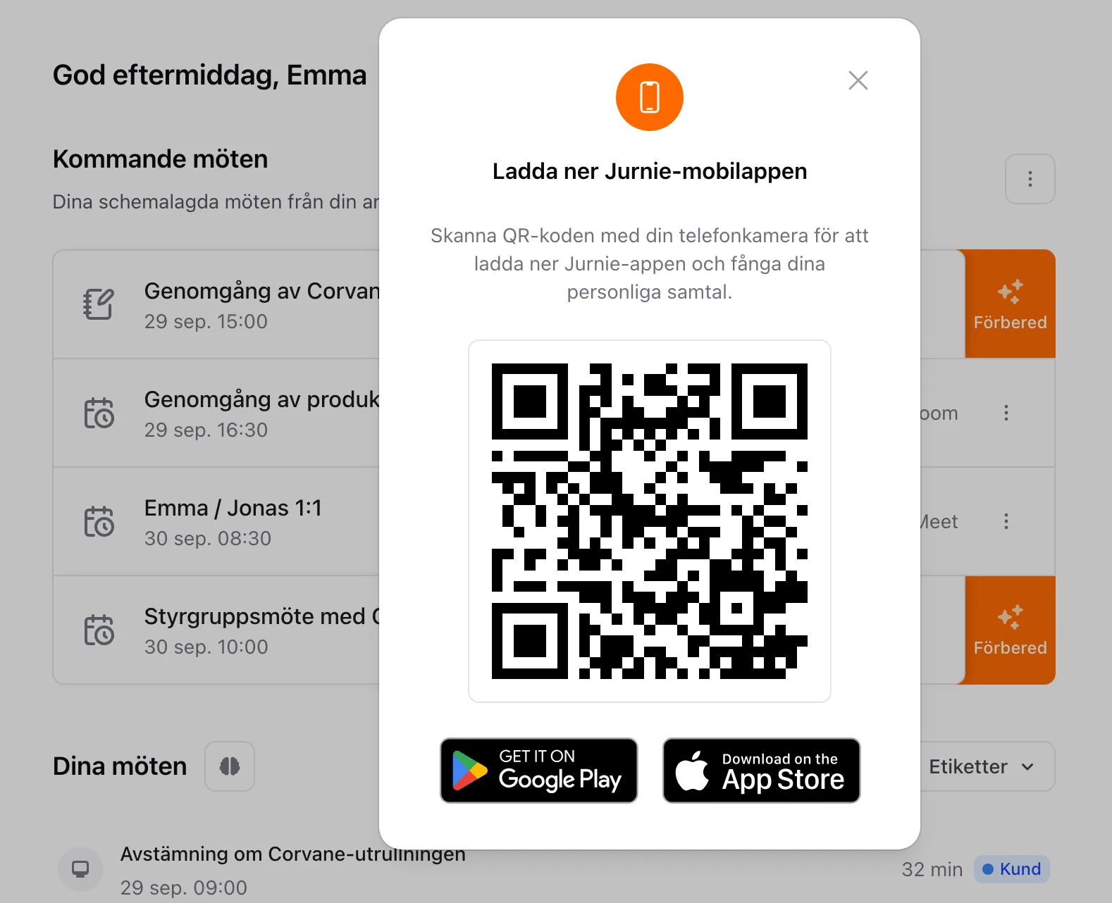 Dialogrutan Ladda ner Jurnie-mobilappen med en QR-kod och knappar till appbutikerna