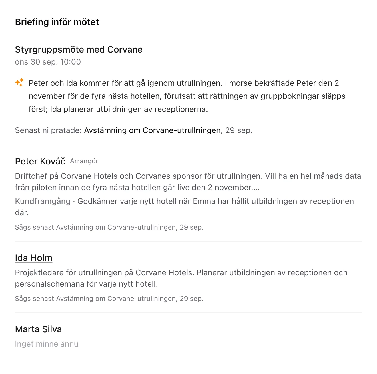 En briefing inför ett möte med ett kort sammanfattande stycke och ett avsnitt för varje inbjuden person