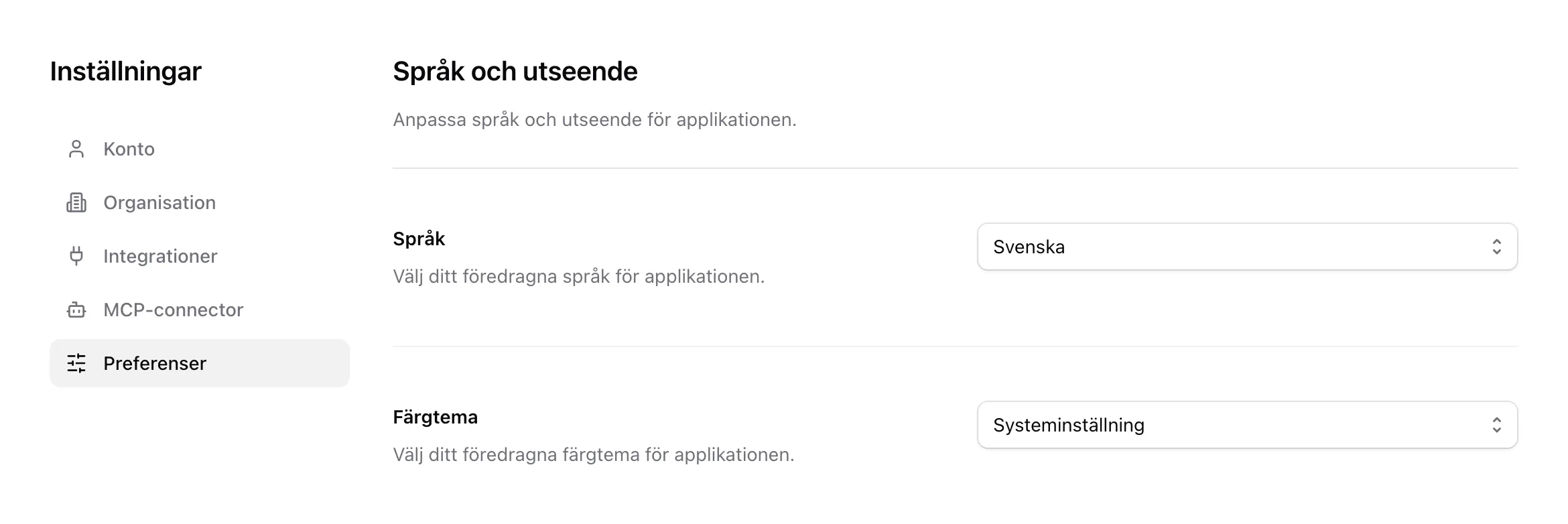 Fliken Preferenser i Inställningar, med inställningarna Språk och Färgtema
