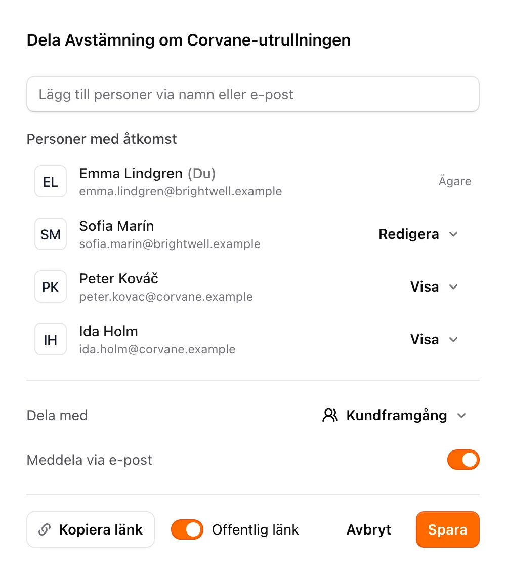 Delningsdialogen med personer som har åtkomst, menyn Dela med och reglaget Offentlig länk