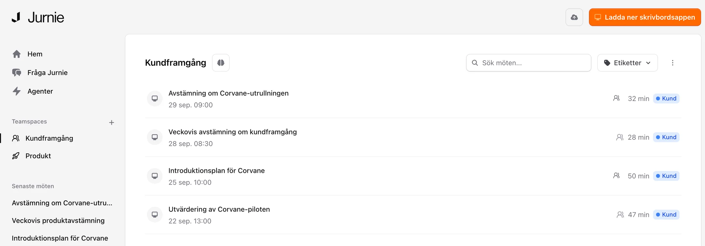 En teamspace-sida som listar de möten som har delats till den, med avsnittet Teamspaces i sidofältet