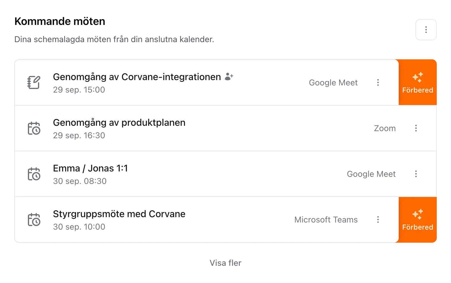 Kommande möten på Hem, vart och ett med tid, mötesapp och menyn Mötesalternativ