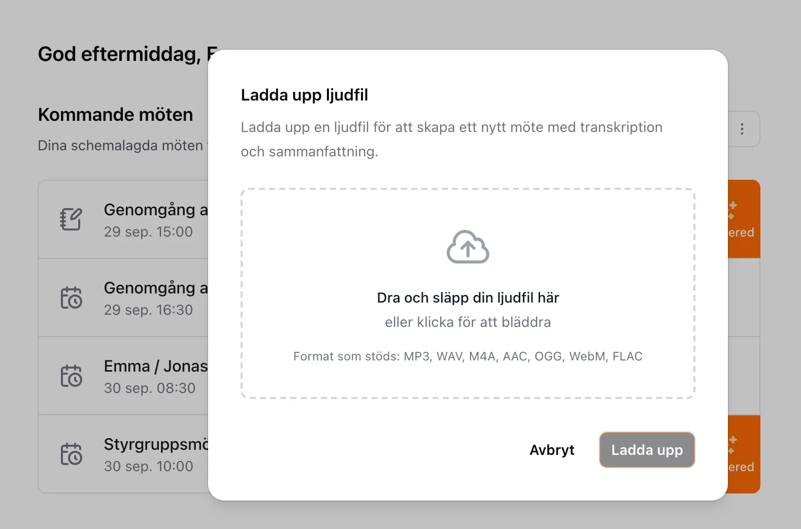 Fönstret Ladda upp ljudfil, där du släpper en ljudfil eller klickar för att bläddra